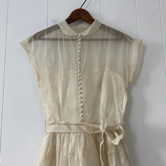 1950s Sheer Eyelet Embroidered Organza Party Dress Rounded Collar Satin Buttons - Picture 5 of 12